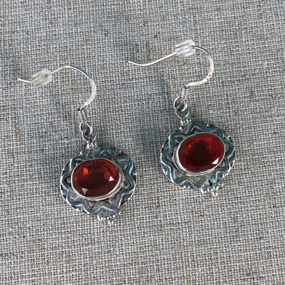 Silver with Orange Stone Earrings - 925 Silver - Picture 4 of 10